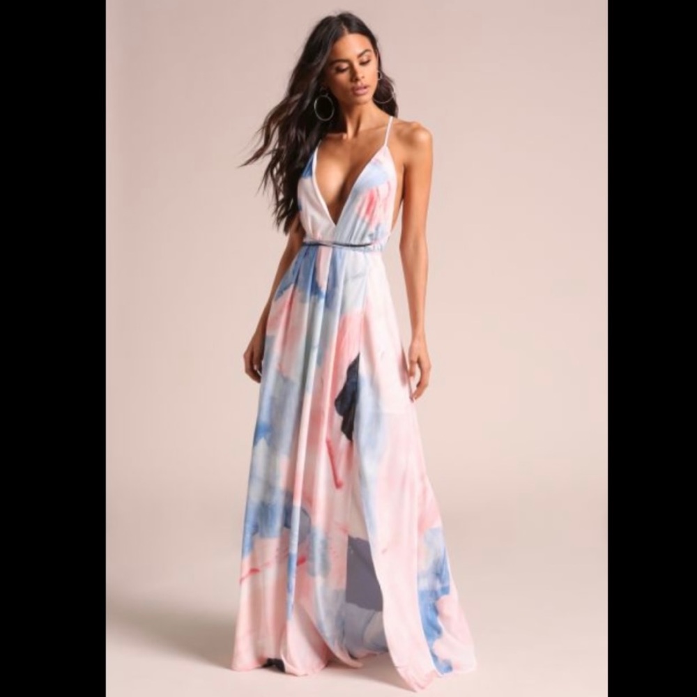 L’ATISTE PLUNGE BACK CROSS STRAP SLIT MAXI DRESS